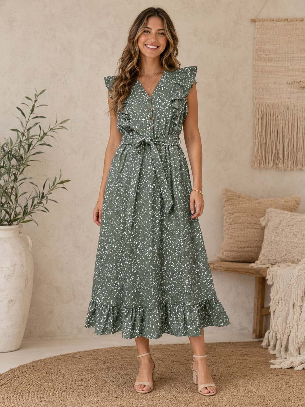 Böhme Green Leaf Print Ruffle Midi Dress XL Boho Cottagecore Tie Waist
